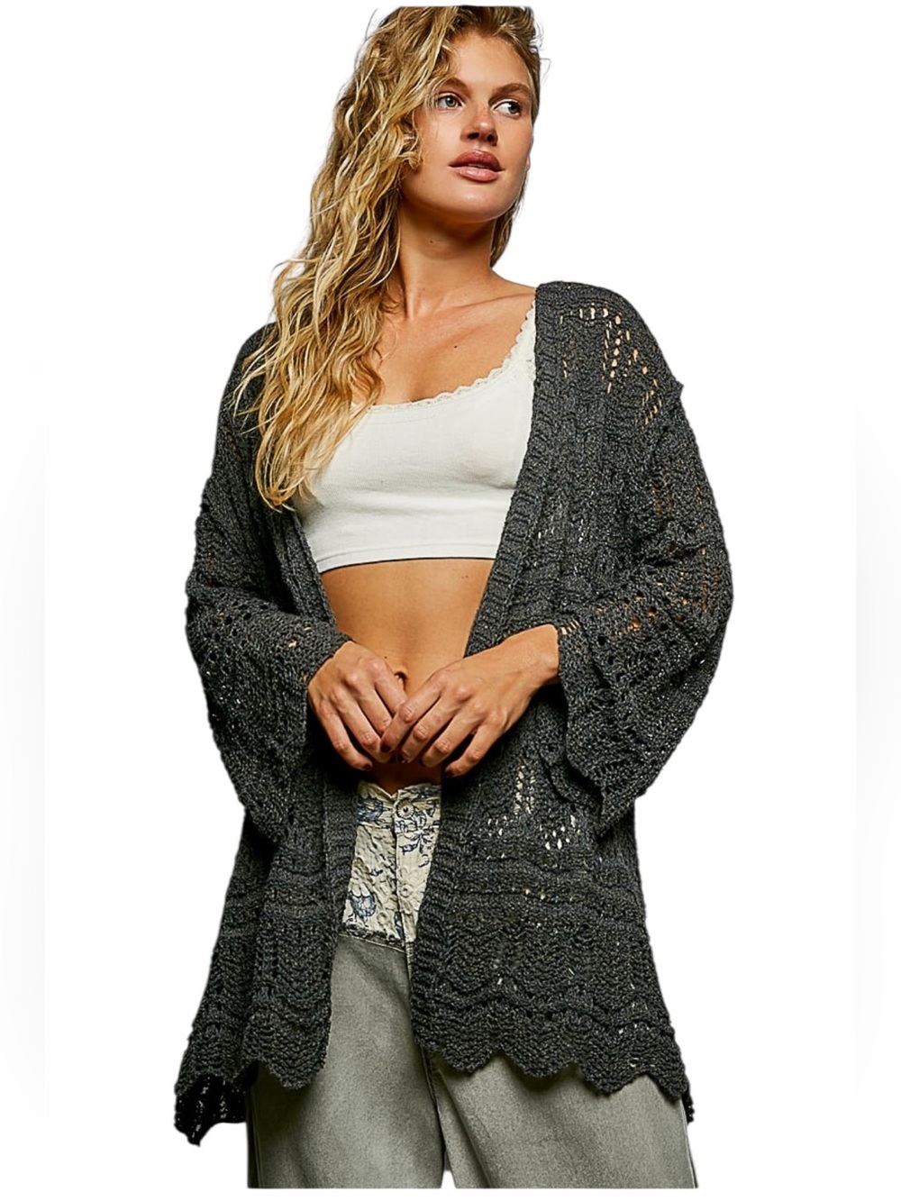 POL Black Charcoal Crochet Long Bell Sleeve Cardigan
